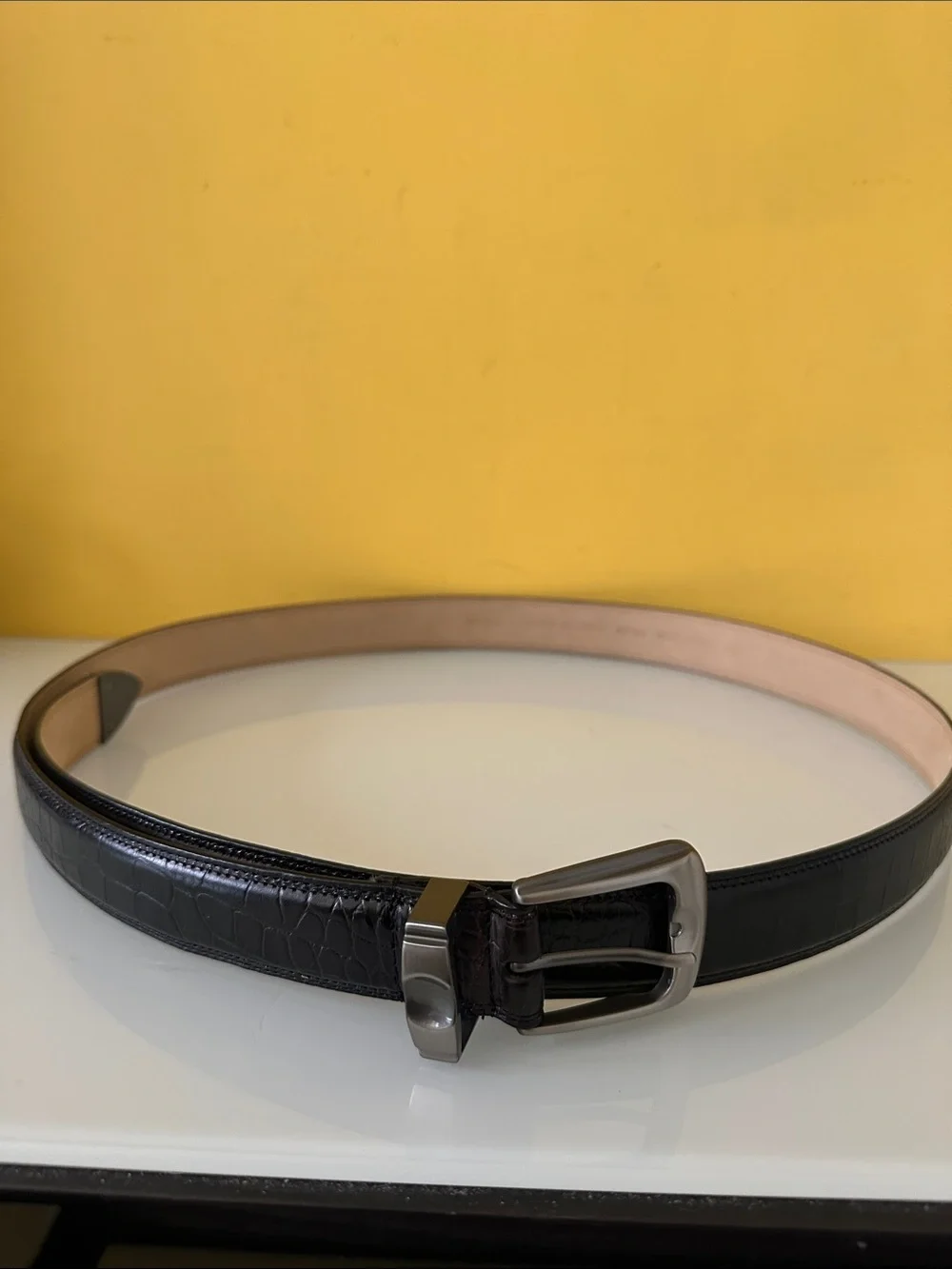 Men's Black Leather Croc Embossed Dress Belt with Brushed Steel Buckle 3XL